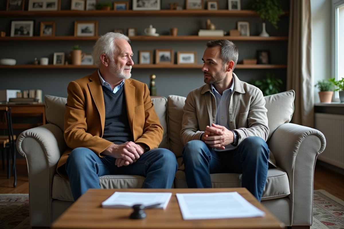 Homme âgé et jeune discutant avec documents légaux