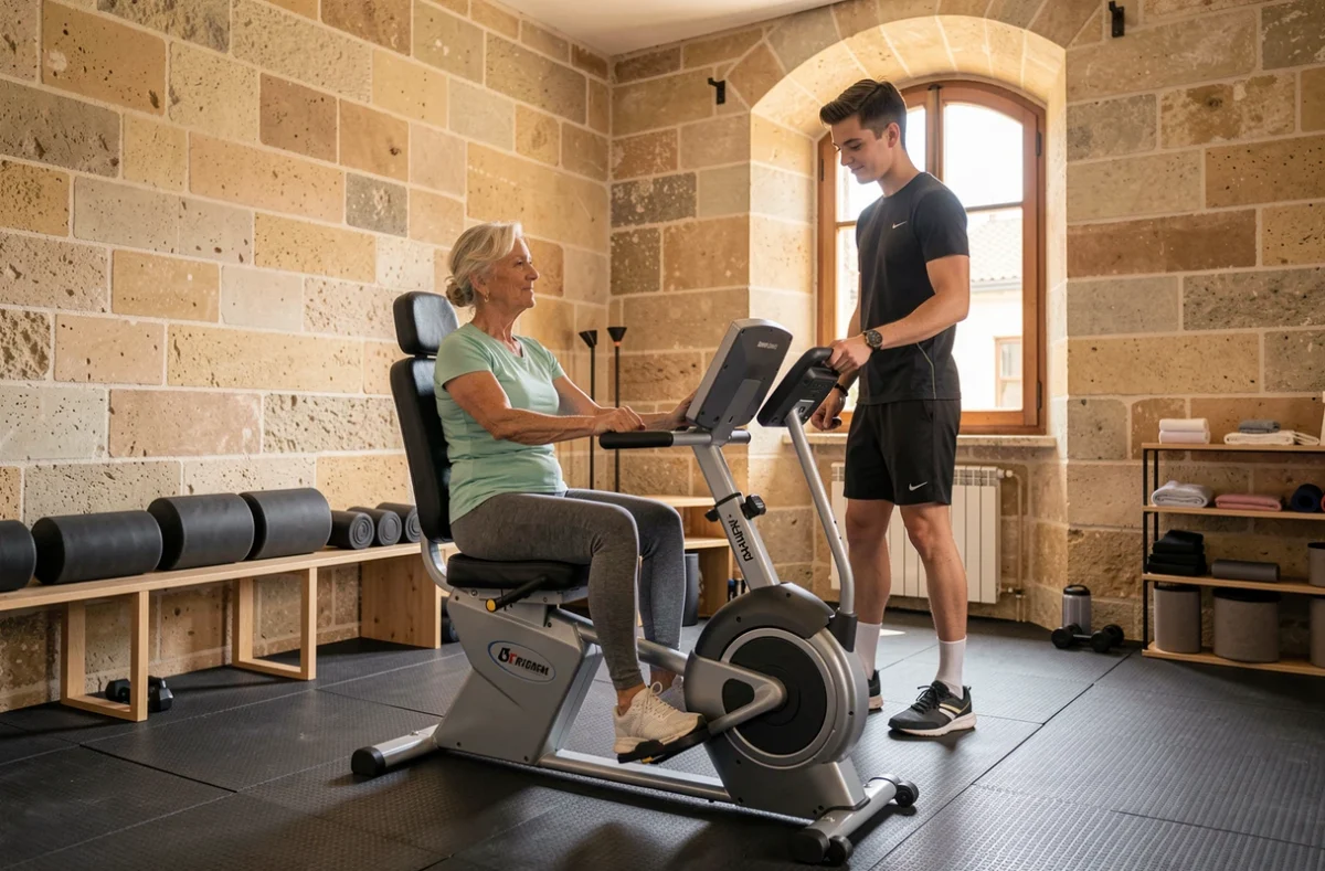 Salle de bien-être de Domitys Les Clefs d'Or à Albi avec une résidente faisant de l'exercice guidée par un coach