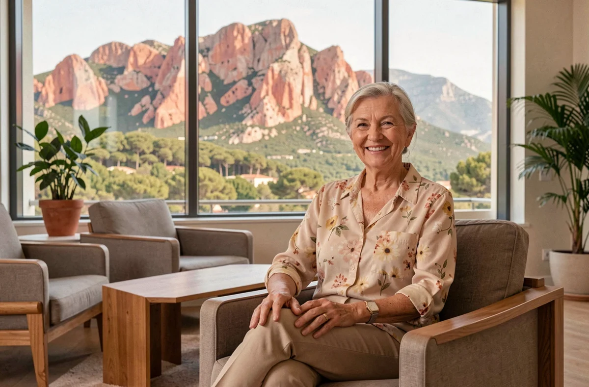 Résidente souriante dans le salon moderne de la résidence Domitys Les Côteaux de l'Esterel à Fréjus, avec vue sur le massif de l'Esterel