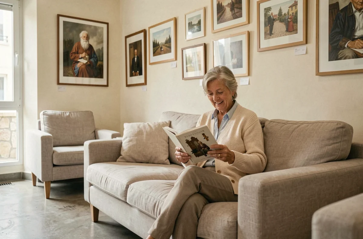 Salon commun moderne et artistique de la résidence Domitys Le Cours des Arts à Montpellier avec une résidente lisant un livre d'art