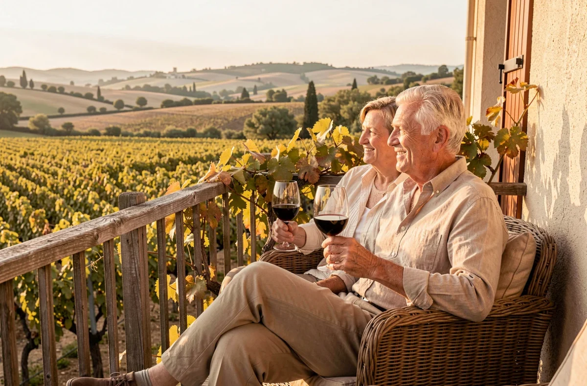 Balcon privatif de Domitys Les Vignes Pourpres à Narbonne avec un couple de résidents contemplant les vignes du Languedoc