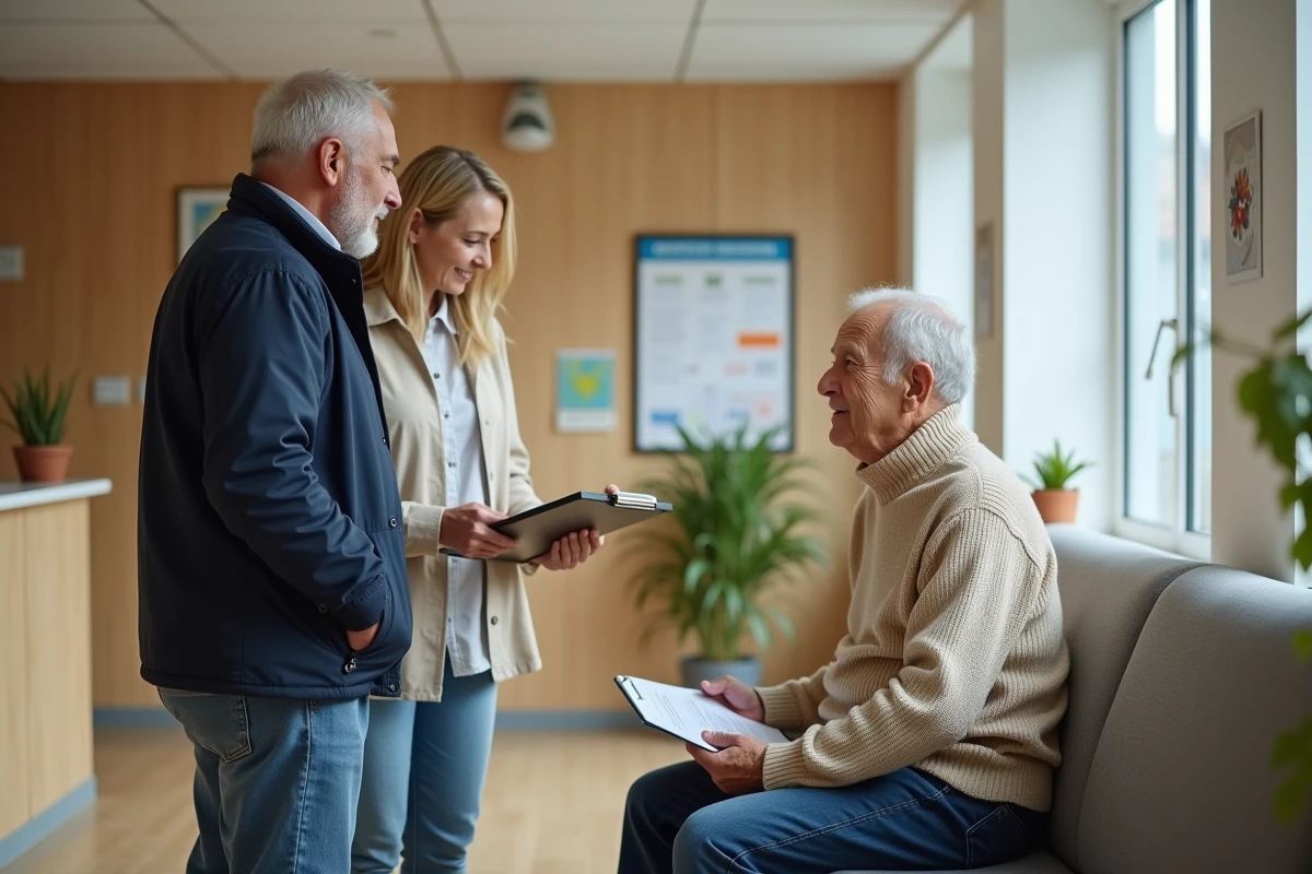 Famille discutant des garanties de sécurité avec le personnel d'accueil d'un EHPAD lors de l'admission pour un séjour temporaire Alzheimer