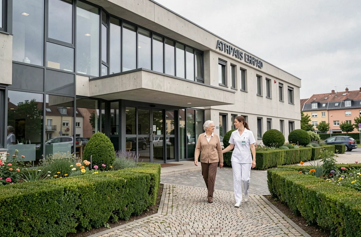 Façade moderne de l'EHPAD Atlantis dans le Rhône avec jardin d'entrée soigné et résidente accompagnée d'un soignant