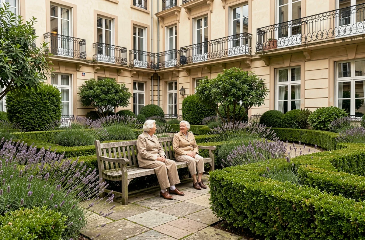 Jardin intérieur de l'EHPAD Blanqui dans le Rhône avec deux résidents assis sur un banc entourés de lavande