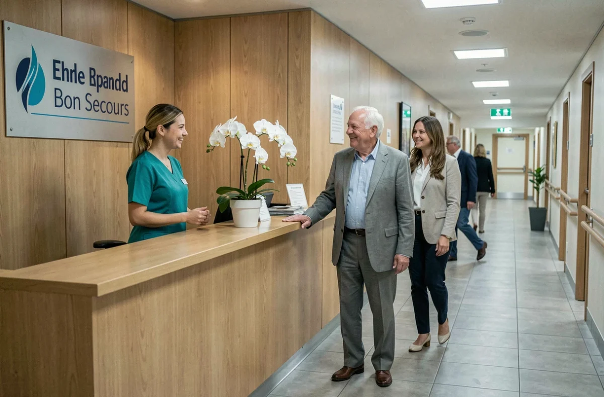 Accueil de l'EHPAD Bon Secours dans le Rhône avec une réceptionniste accueillant un résident et sa famille