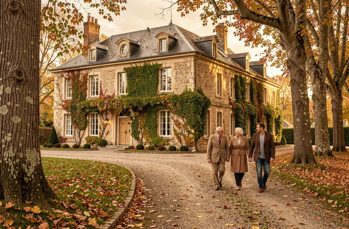 Manoir historique de l'EHPAD Château du Loup dans le Rhône entouré de grands arbres avec des résidents en promenade