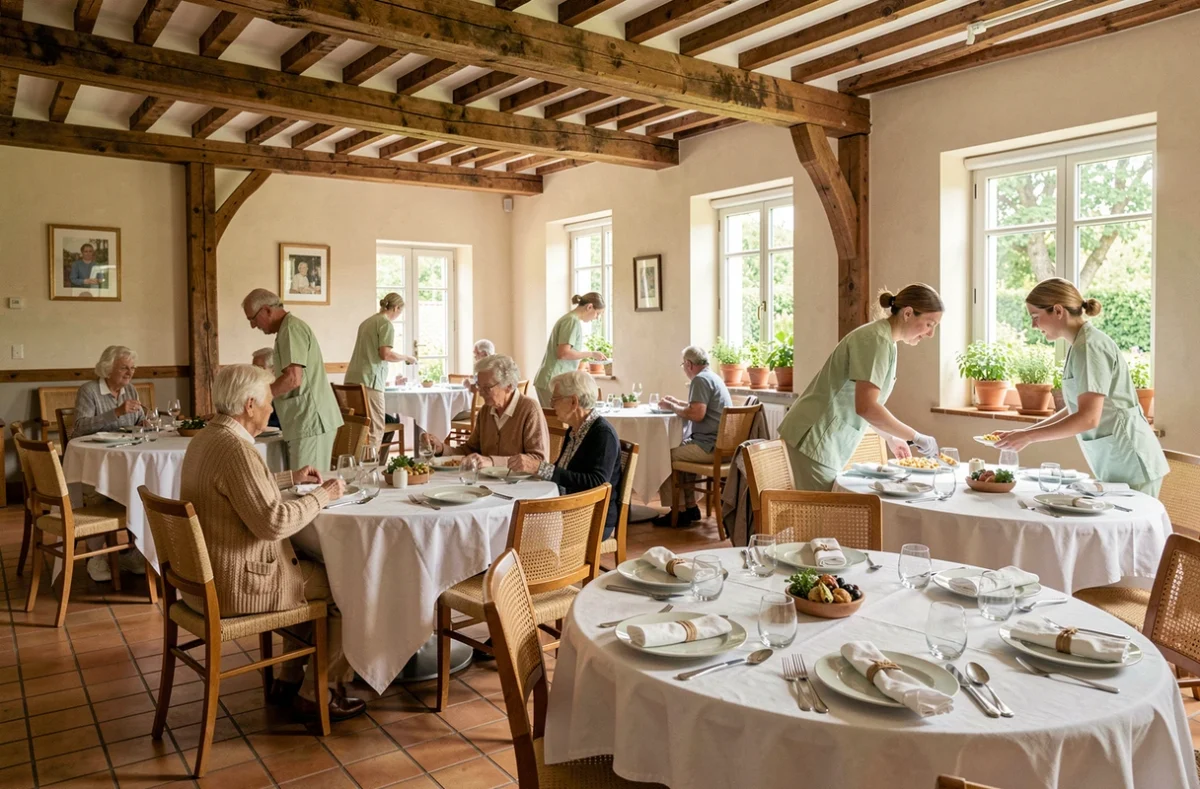 Salle à manger lumineuse de l'EHPAD Châteauvieux dans le Rhône avec des résidents attablés servis par des soignants