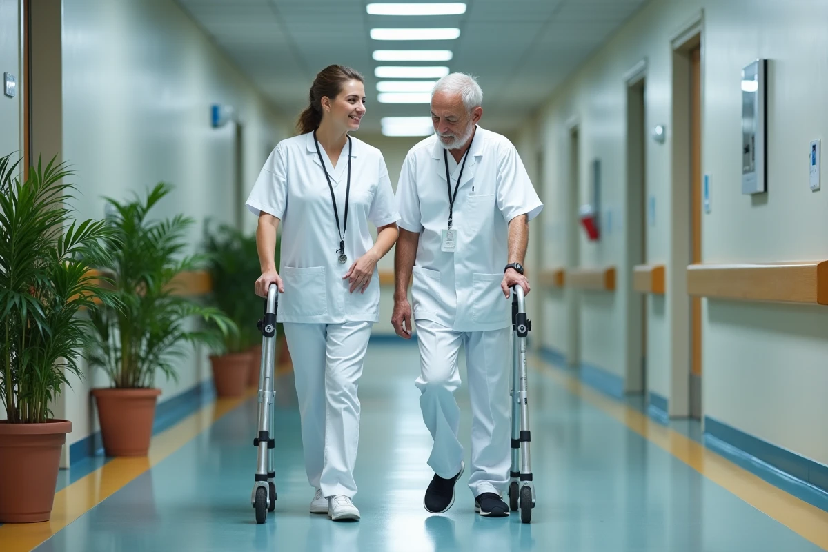 Infirmière accompagnant un résident âgé atteinte d'Alzheimer dans le couloir sécurisé d'un EHPAD équipé de dispositifs de sécurité