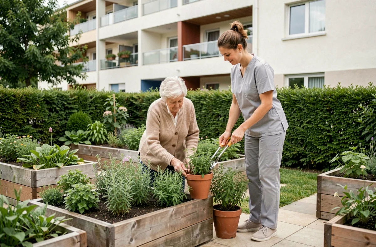 Résidente et thérapeute dans le jardin thérapeutique de l'EHPAD Habitat Partage à Talence