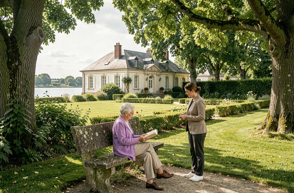 Résidente dans le jardin verdoyant de l'EHPAD Le Jardin des Loges à Saint-Bonnet-sur-Gironde près de l'estuaire