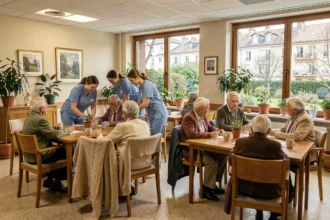 Salle commune accueillante d'un EHPAD dans le Rhône avec des résidents et des soignants autour de tables conviviales