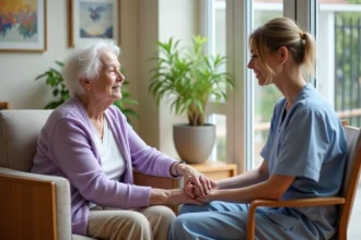 Aide-soignante tenant la main d'une résidente âgée atteinte d'Alzheimer dans le salon d'un EHPAD lors d'un séjour temporaire