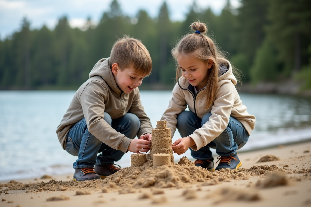 Deux enfants construisent un château de sable au bord d