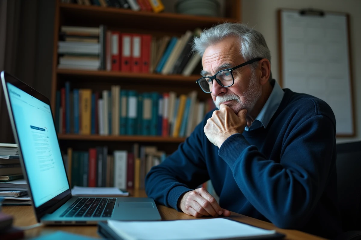Ancien enseignant perplexe devant son ordinateur consultant le montant de sa retraite scolinfo