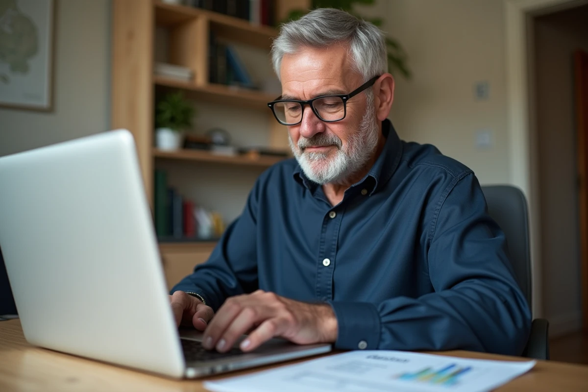 Homme senior consultant son espace personnel en ligne pour modifier son RIB sur le site de la Carsat Normandie