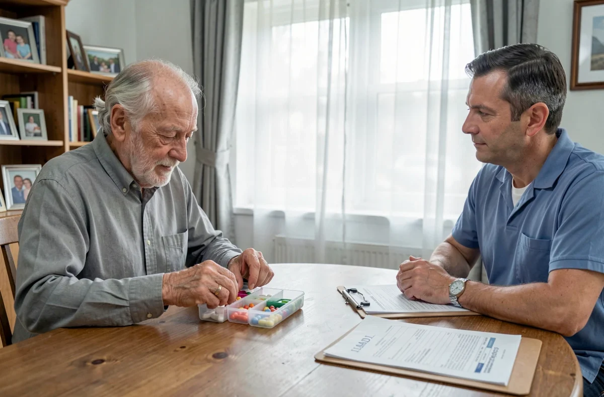 Évaluation IADL d'un patient Alzheimer par un ergothérapeute lors d'une session d'évaluation à domicile
