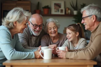 Famille multigenerationale réunie autour d'une table de cuisine chaleureuse