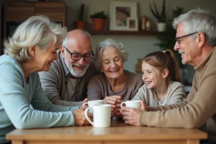 Famille multigenerationale réunie autour d'une table de cuisine chaleureuse