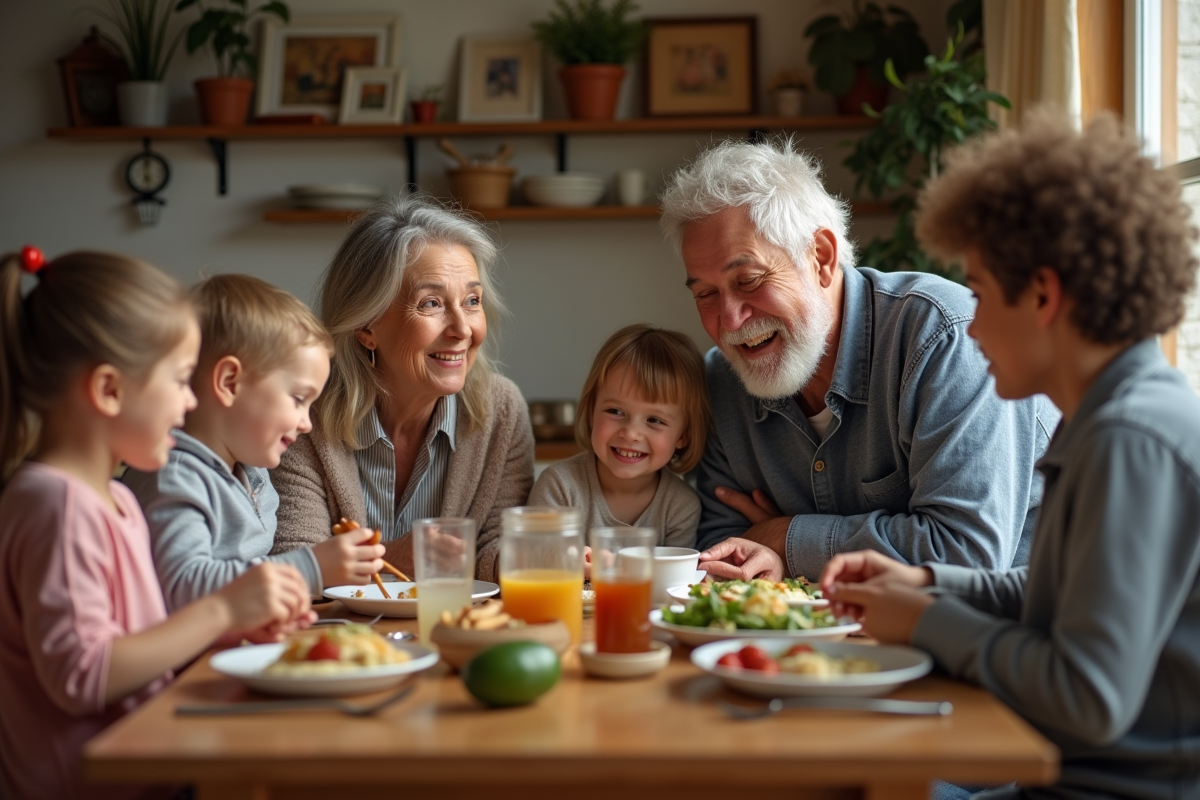 Famille multigenerational partageant un repas convivial à la maison