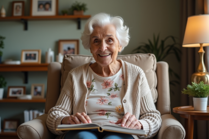 Femme de 90 ans souriante feuilletant un album photo dans un salon chaleureux