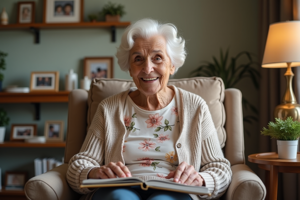 Femme de 90 ans souriante feuilletant un album photo dans un salon chaleureux