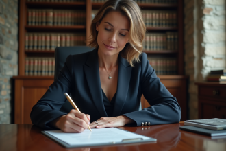 Femme d'affaires en costume navy dans un bureau professionnel