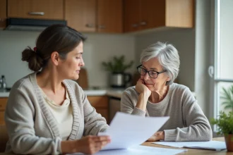 Femme agee en discussion avec une femme dans une cuisine chaleureuse