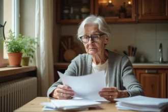 Femme âgée consultant des documents administratifs sur l'APA et la récupération sur succession à son domicile