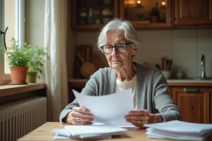 Femme âgée consultant des documents administratifs sur l'APA et la récupération sur succession à son domicile