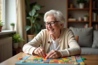 Une femme âgée souriante jouant à un jeu de société coloré sur une table en bois dans un salon chaleureux