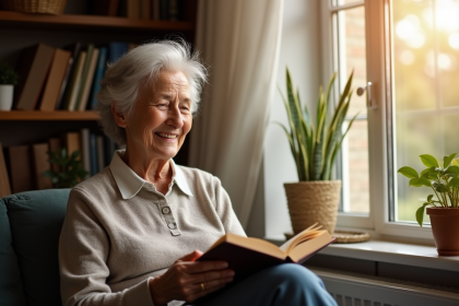 Femme âgée lisant un livre près d'une fenêtre ensoleillée