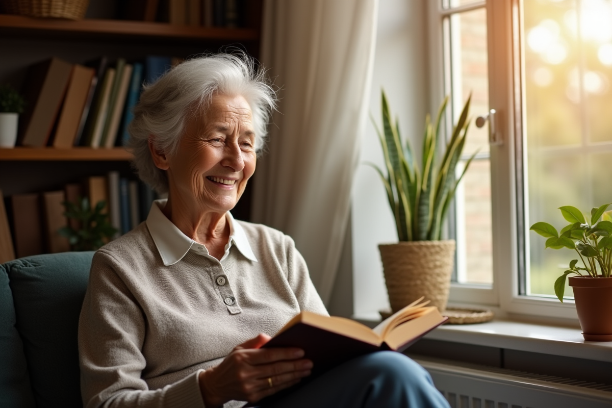 Femme âgée lisant un livre près d'une fenêtre ensoleillée