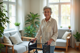 Femme agee souriante avec marcheur moderne dans un salon lumineux