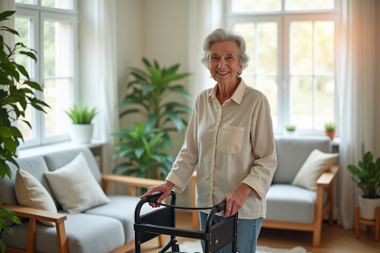 Femme agee souriante avec marcheur moderne dans un salon lumineux