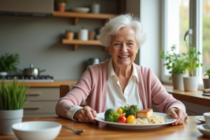 Femme âgée servie d'un repas sain dans une cuisine chaleureuse