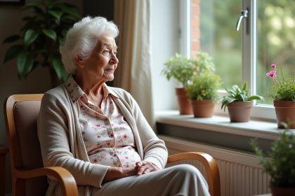 Femme agee assise pensivement dans un salon de retraite