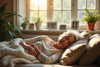 Femme agee paisiblement endormie dans un salon lumineux