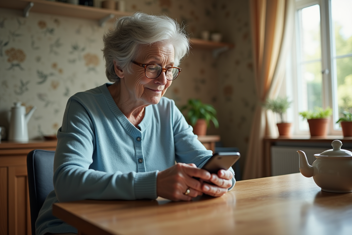 Femme âgée utilisant un téléphone dans sa maison chaleureuse