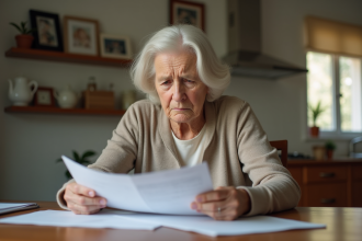 Femme âgée examinant des documents dans la cuisine chaleureuse