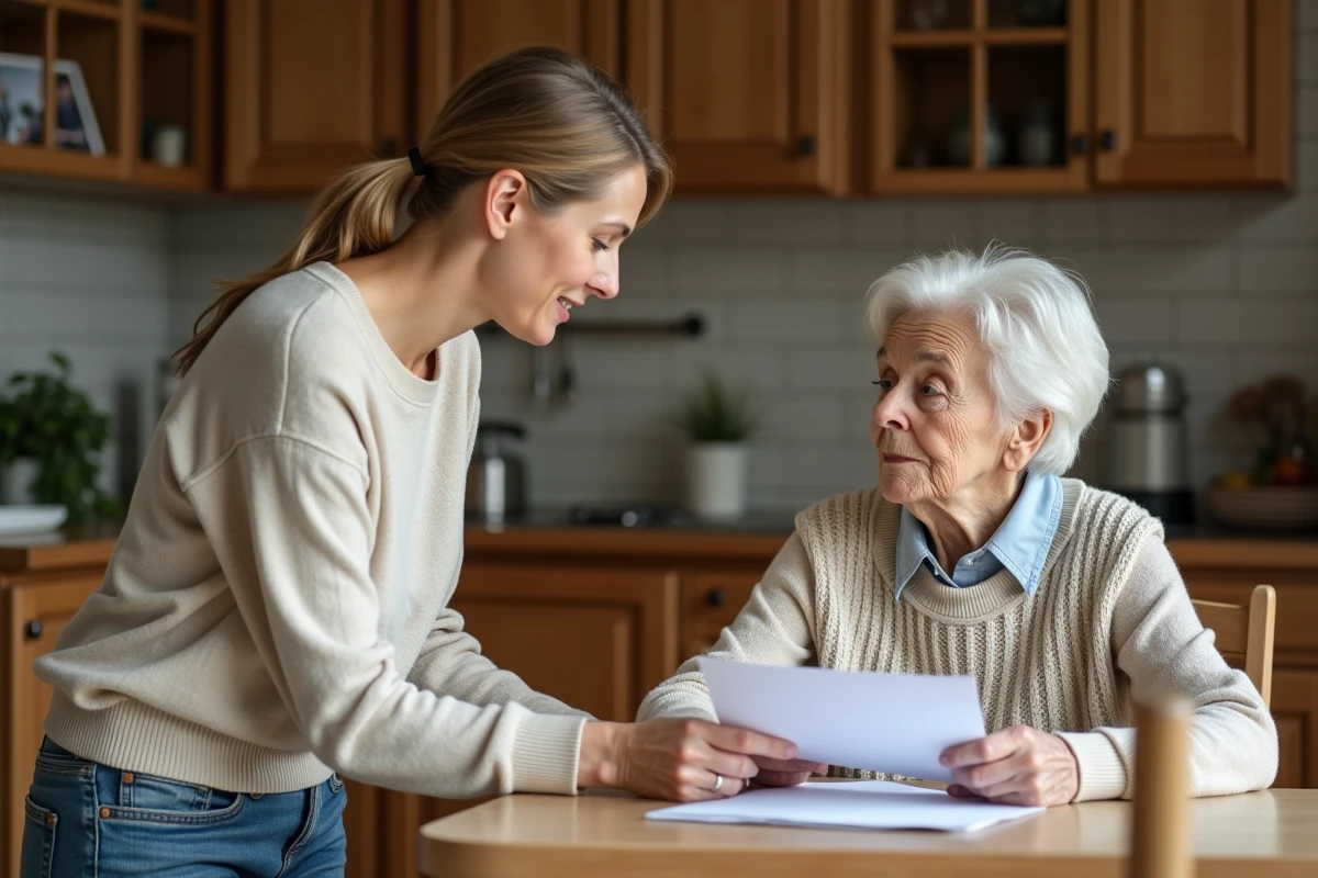 Femme aidant sa mère âgée dans une cuisine chaleureuse