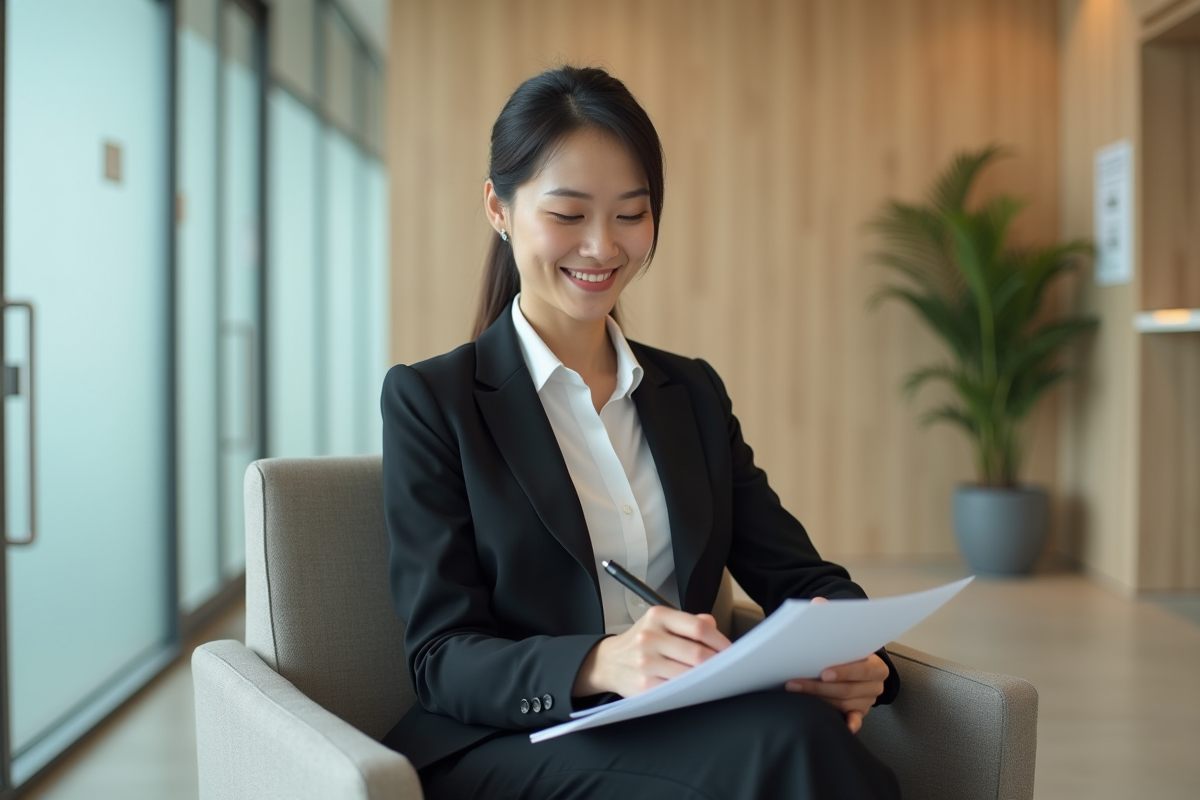 Femme en costume remplissant un formulaire dans une salle d