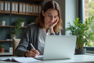 Femme pensant devant son ordinateur dans un bureau à domicile
