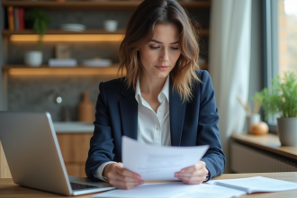 Femme en blouse blanche et blazer bleu au bureau