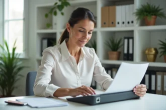 Femme au bureau scannant des documents avec un scanner moderne