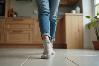 Femme d'âge moyen marche sur un sol antidérapant de cuisine