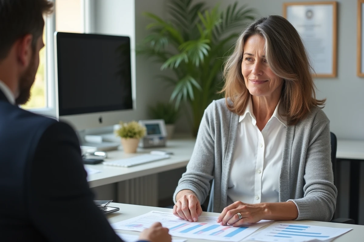 Une femme de 55 ans consulte un conseiller financier au sujet de sa retraite et de ses droits à la pension, avec des documents de projection de retraite sur le bureau