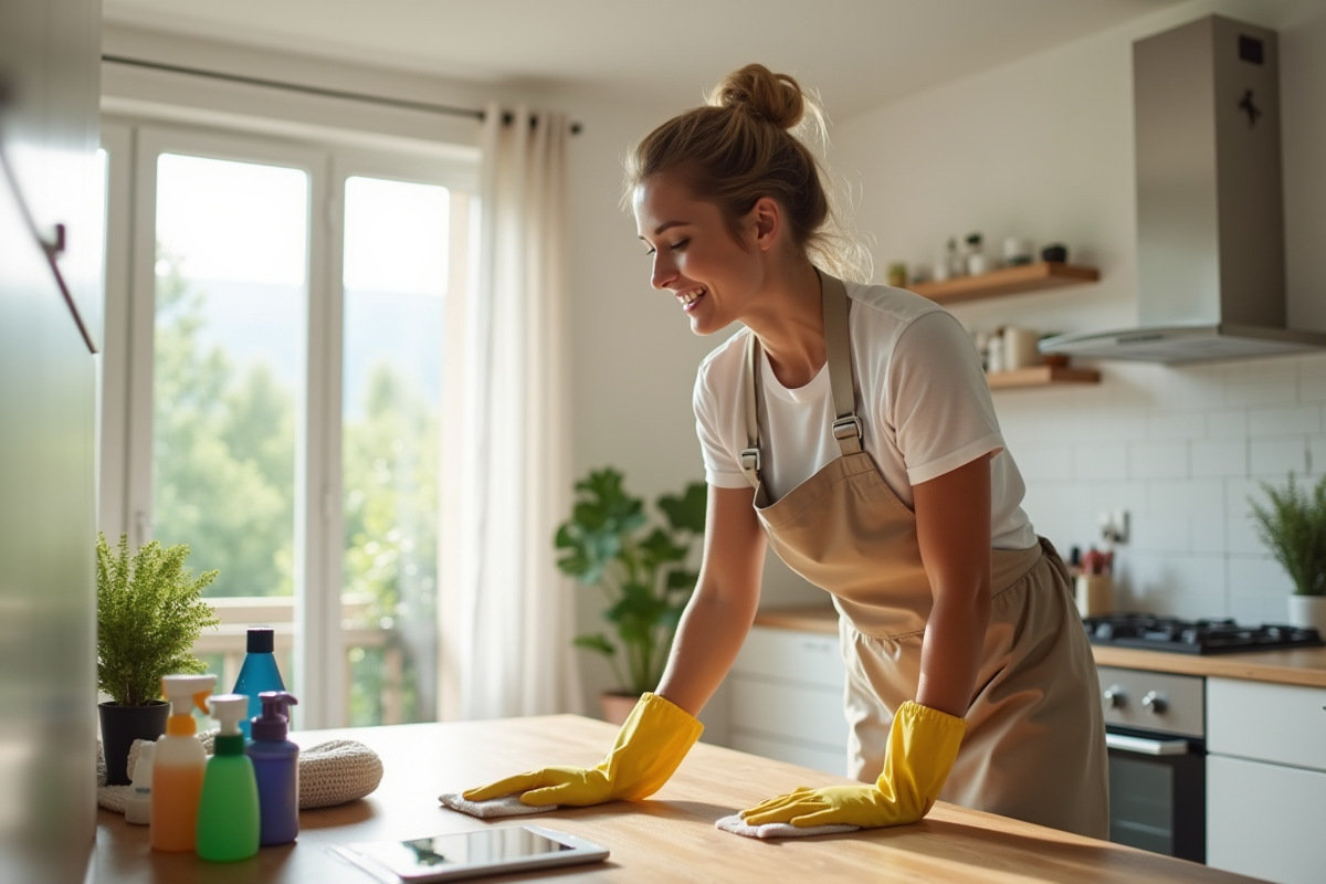 Femme de ménage dans un appartement moderne français nettoyant une table