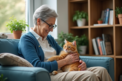 Femme âgée caressant un chat orange dans un salon chaleureux