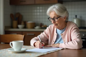 Femme âgée remplissant un formulaire à la cuisine