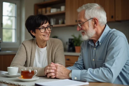 Femme d'âge moyen tenant la main d'un homme âgé à la maison